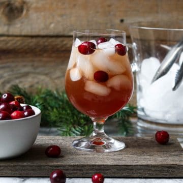 cranberry wine spritzer in a glass garnished with cranberries and a bucket of ice