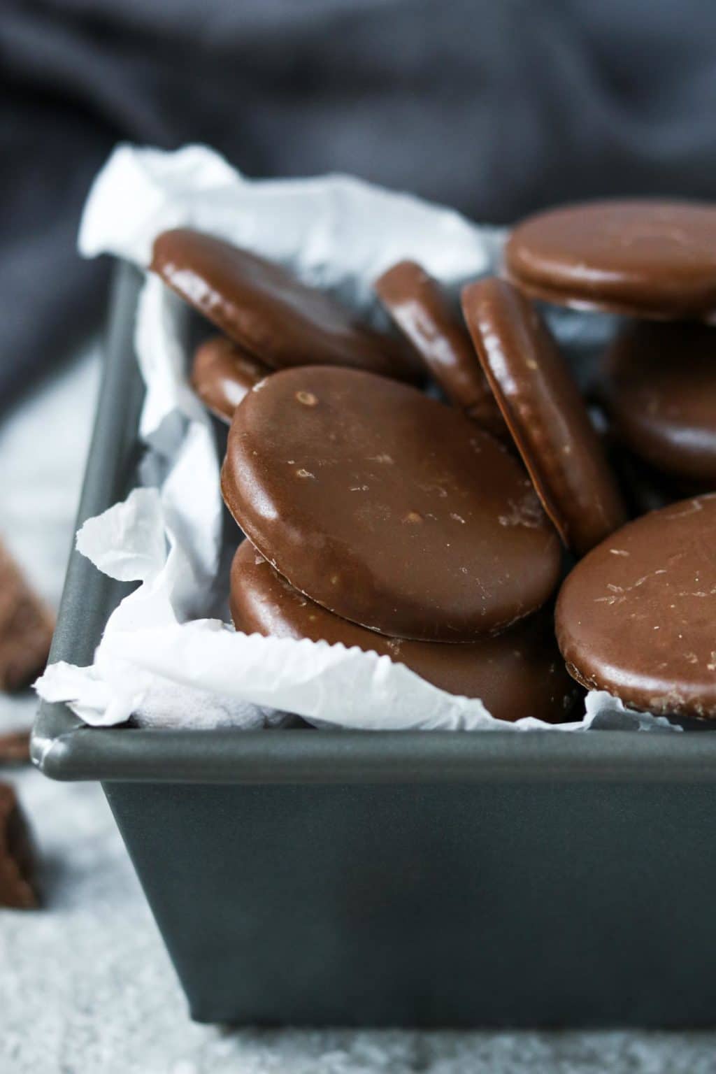 thin mint cookies in a bread tin with parchment paper