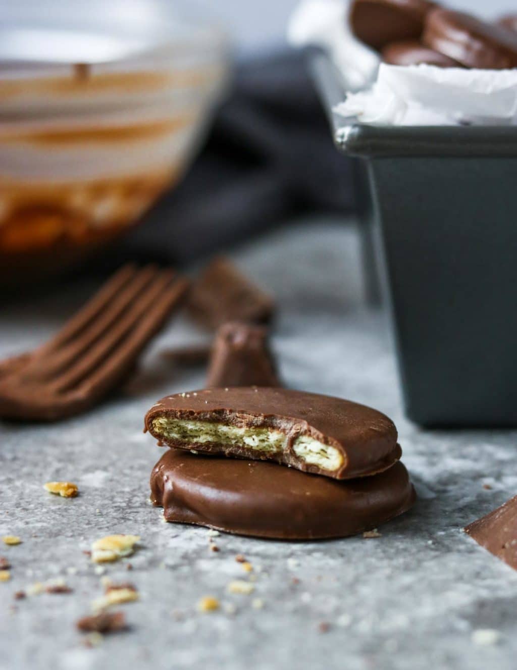 up close picture of thin mint cookies with a bite taken out