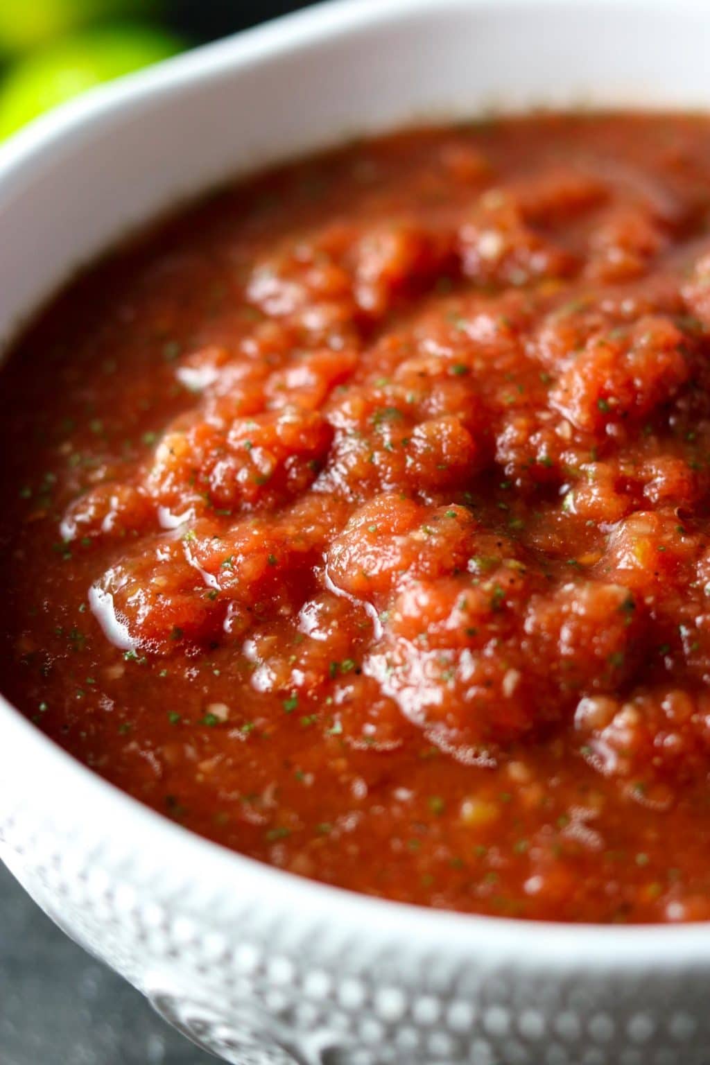 Homemade Restaurant Style Salsa in a white bowl