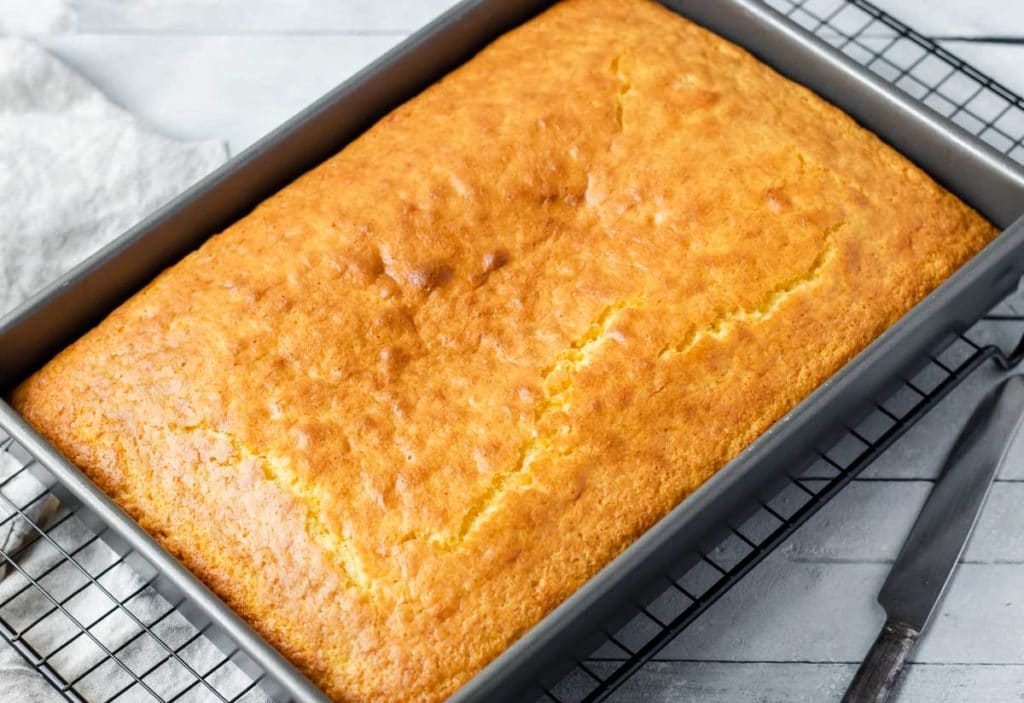 A 9x13 pan with baked golden brown best ever cornbread