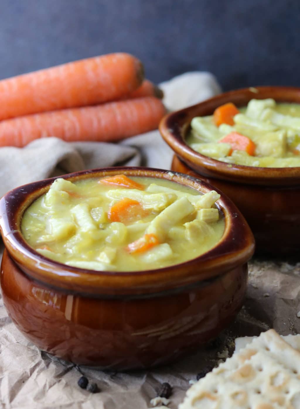 Two bowls of Homemade Chicken Noodle Soup with carrots in the background