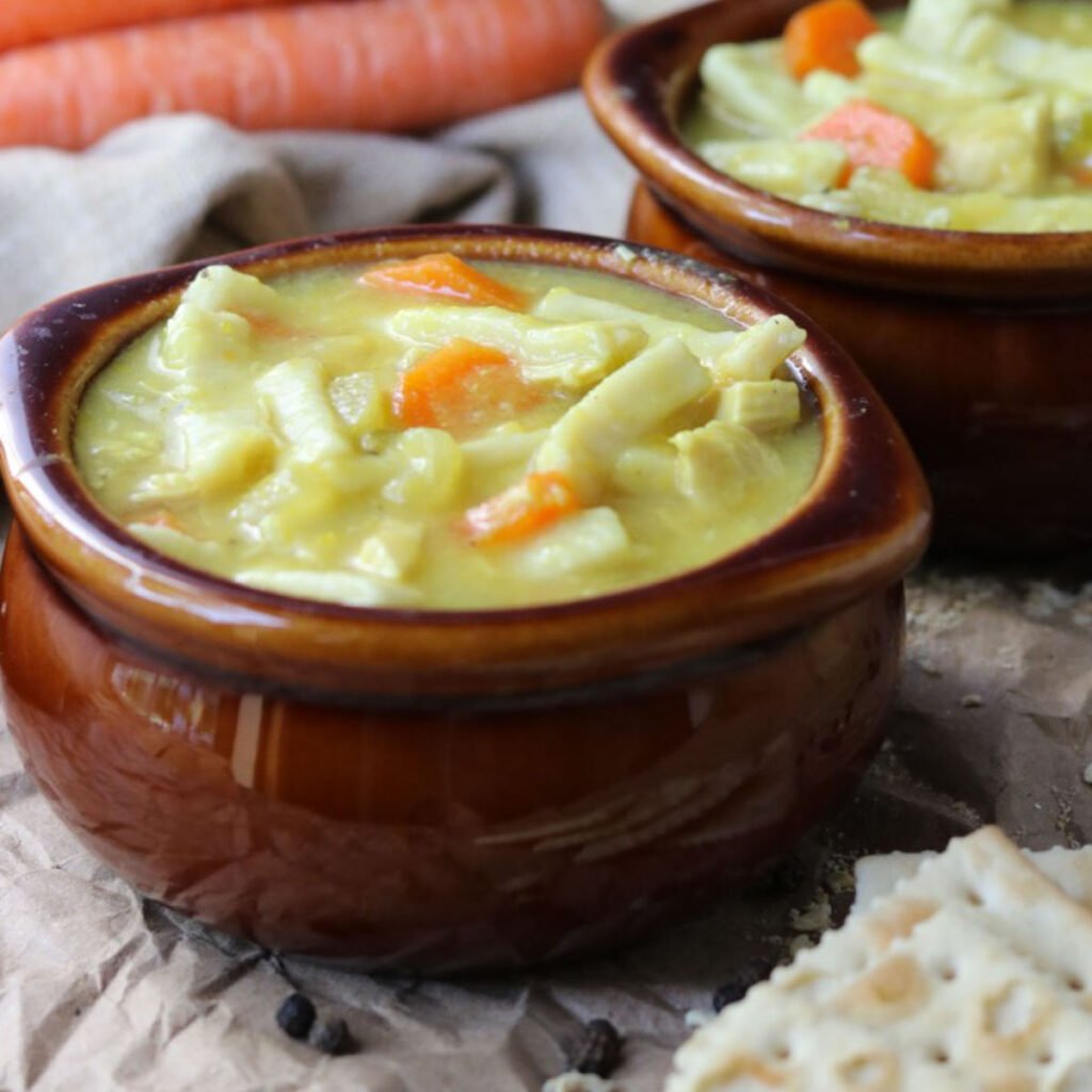 big bowl of chicken noodle soup