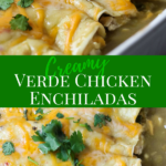 Verde Chicken Enchiladas are super easy to make for dinner! Full of chicken, onions, cilantro, black beans, and cheese mixed in a creamy sauce, rolled in easy to use flour tortillas and smothered in verde enchilada sauce and cheese. #enchiladas #mexican #dinnerrecipe