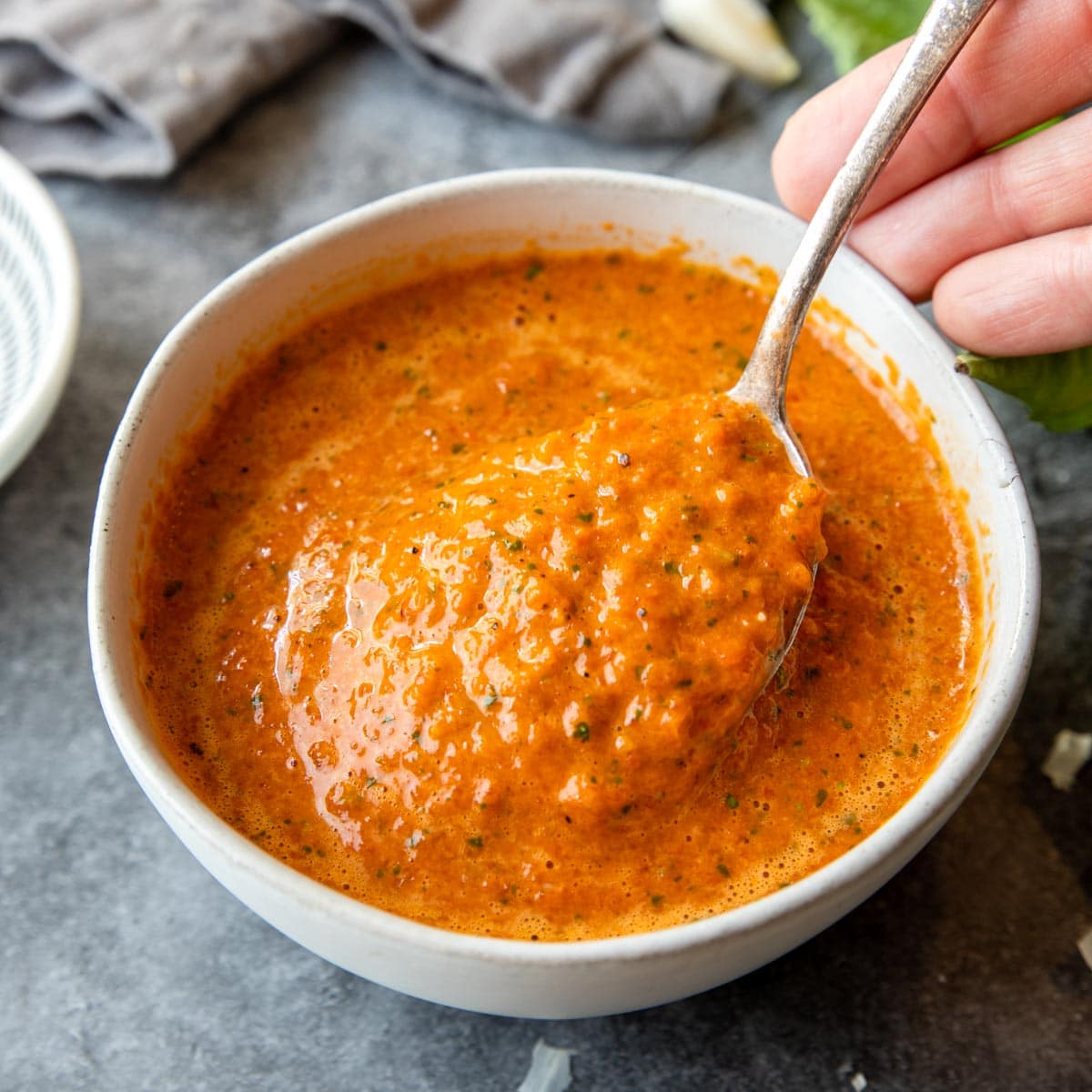 roasted red pepper sauce in a bowl