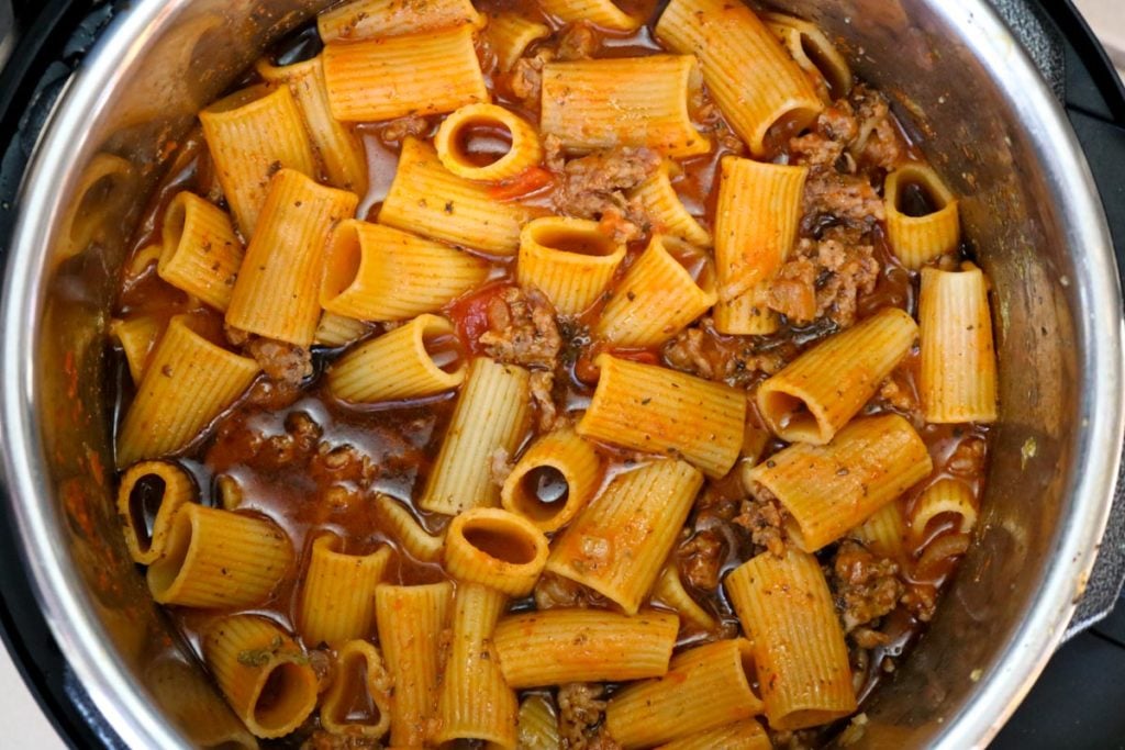 Pasta, sausage, and tomato sauce in the instant pot