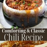 Classic Chili in a bowl with pinterest text overlay