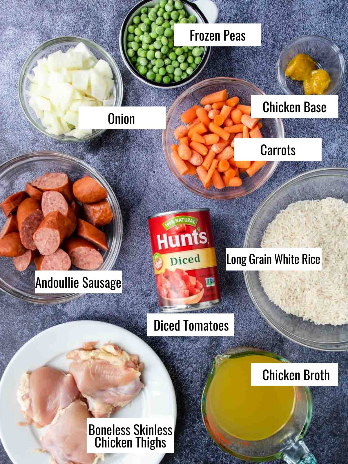 all the ingredients for Cajun Chicken and Rice on a table with text labels