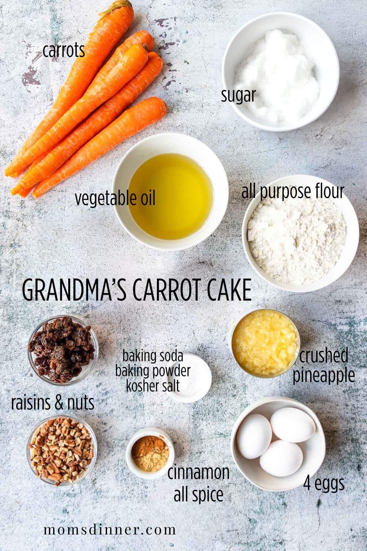 Carrot cake ingredients laid out on a table, with text overlay labeling the ingredients 