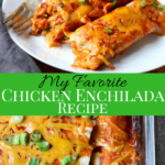 My Favorite Chicken Enchilada recipe. Easy to make and full of chicken, red onions, garlic, cilantro, spices ans smothered in a tangy red enchilada sauce and lots of cheese. momsdinner.net