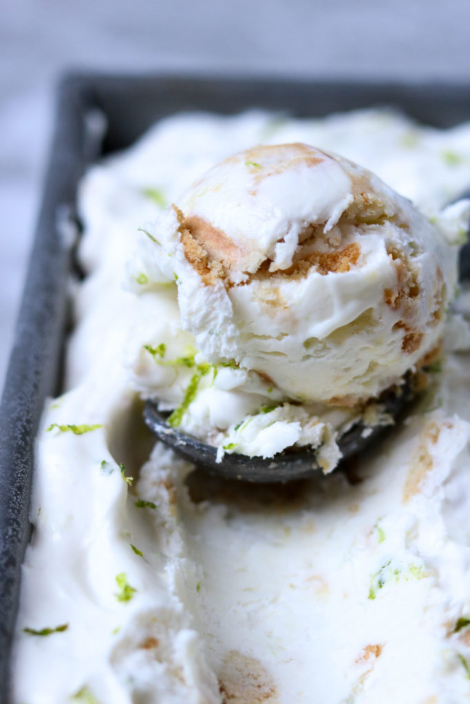 A scoop of No Churn Key Lime Cookies and Cream Ice Cream
