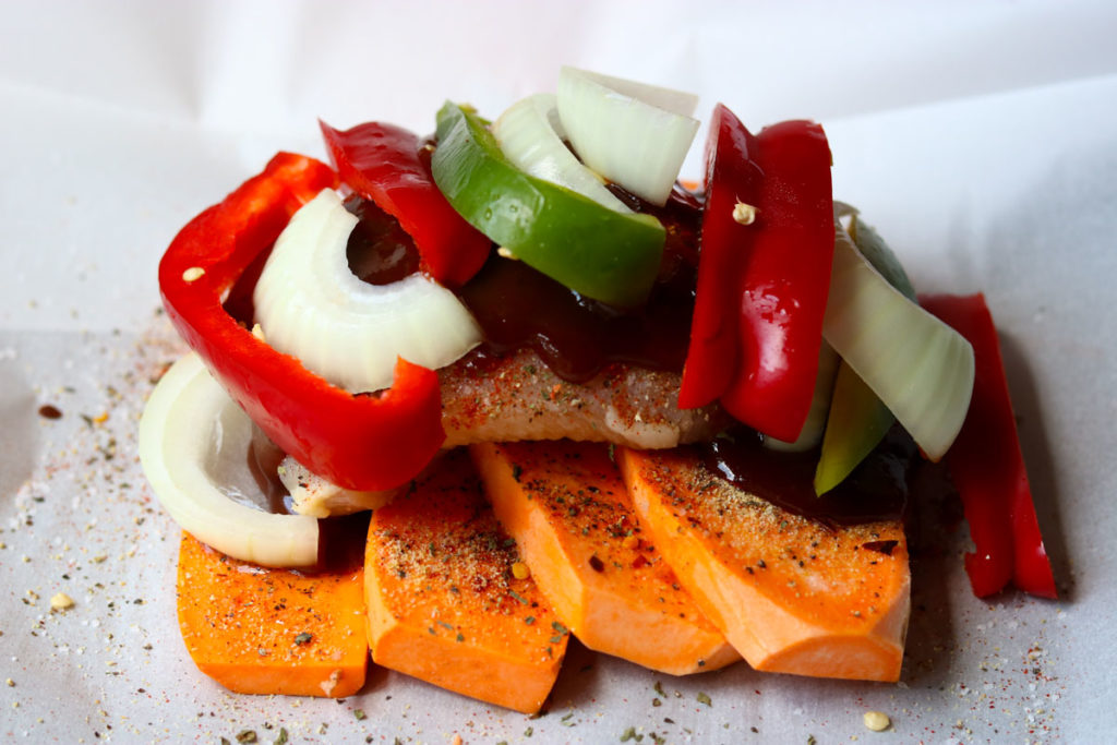 Barbecue Chicken in Parchment with Sweet Potatoes & Peppers