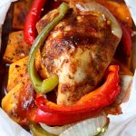 sweet potatoes and peppers under chicken with bbq sauce