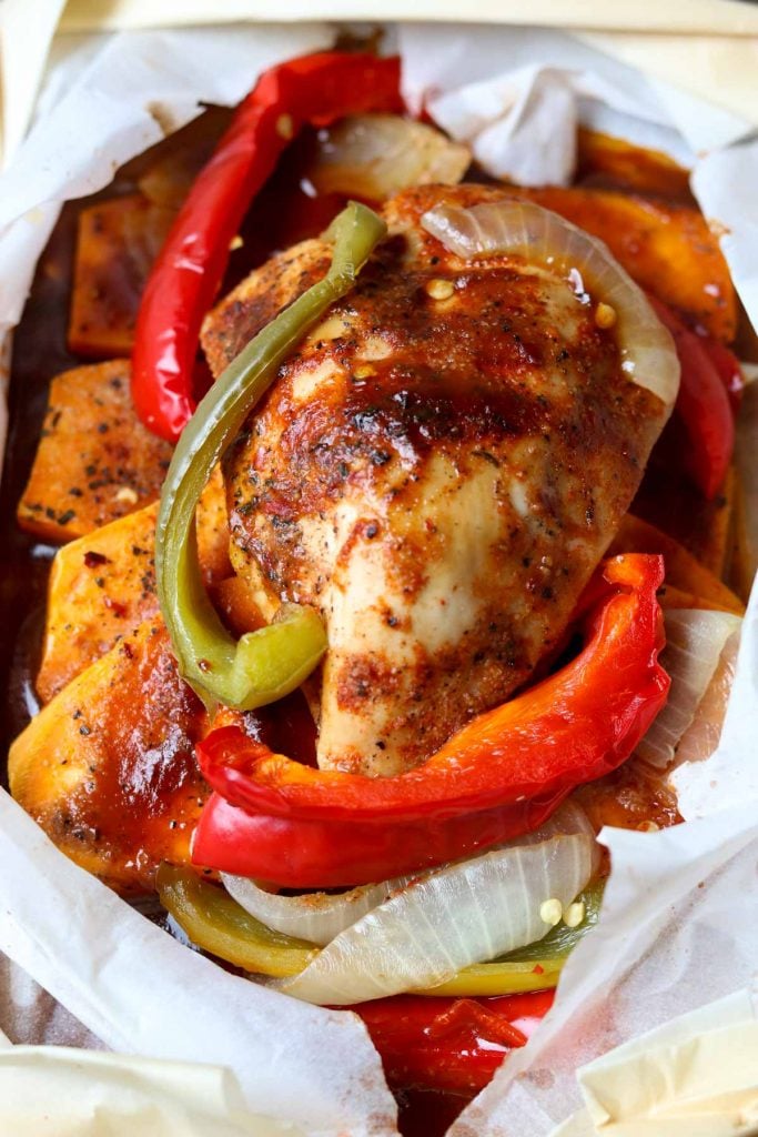 Barbecue Chicken in Parchment with Sweet Potatoes & Peppers 