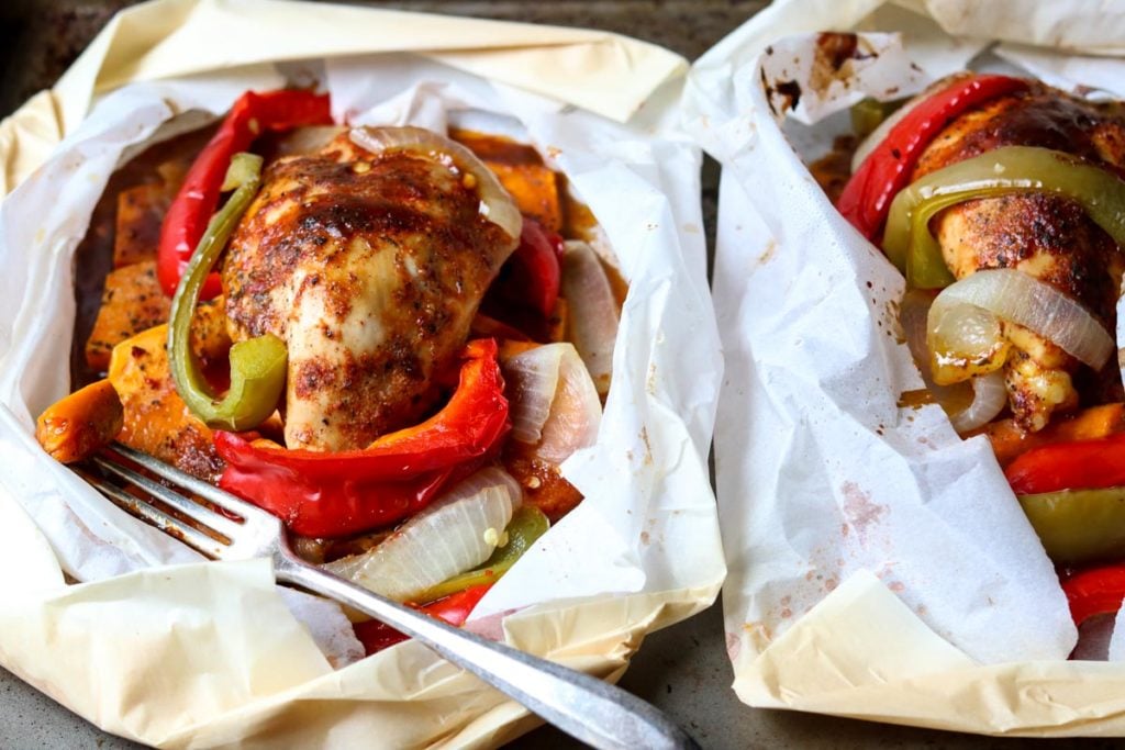 Barbecue Chicken in Parchment with Sweet Potatoes & Peppers -