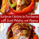 Barbecue Chicken in Parchment with Sweet Potatoes & Peppers - An easy to prep dinner that is ready in just over 30 minute dinner full of flavor and nutrition. via momsdinner.net #chickeninparchment #easydinner #chickendinner #dinnertonight