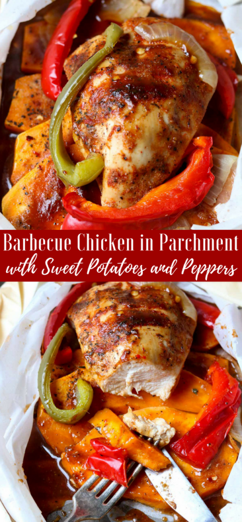Barbecue Chicken in Parchment with Sweet Potatoes & Peppers -Pinterest Image