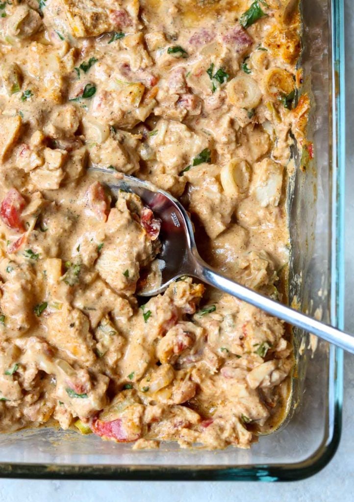 Creamy Chicken Taco mixture in a glass baking dish