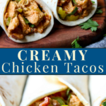 Creamy Chicken Tacos recipe. All the ingredients get mixed together and baked in the oven in 20 minutes. Put the filling in a soft taco shell and fill with your favorite toppings. Perfect FAST dinner, especially if you pick up a rotisserie chicken! via momsdinner.net #tacos #chicken #easydinner #mexican #dinnertonight