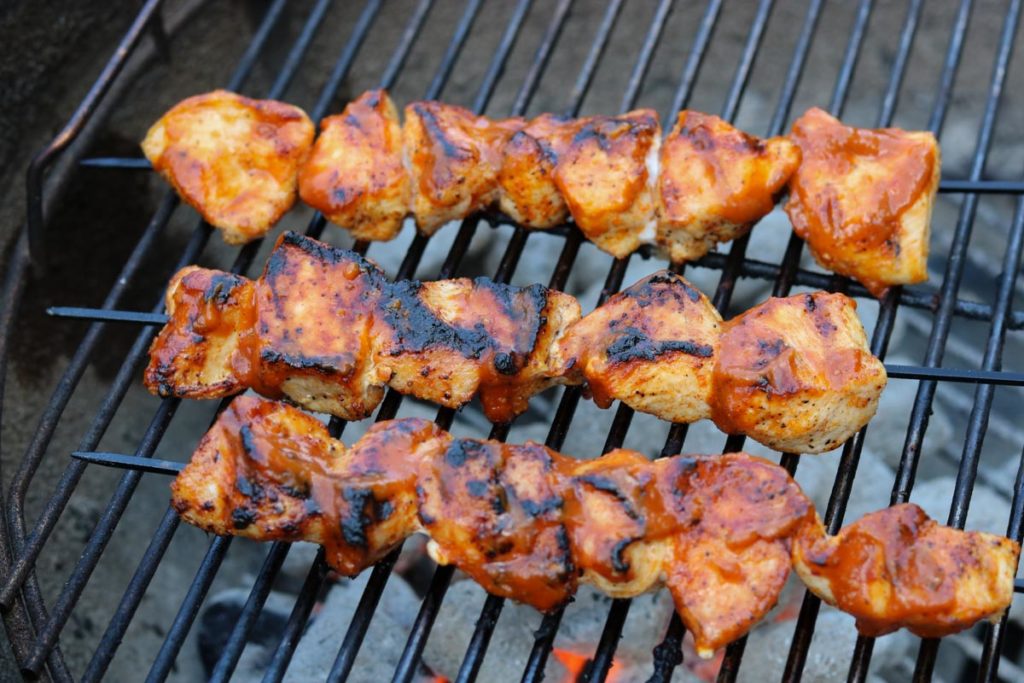 Grilled Chicken Kabobs with Mango Jalapeno BBQ Sauce, on the charcoal grill