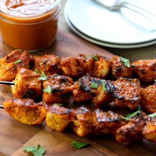 chicken kabobs with a bbq sauce coating