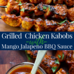 Grilled Chicken Kabobs with Mango Jalapeno BBQ Sauce, easy to make and unbelievably delicious to eat. The homemade Mango Jalapeno BBQ Sauce has a touch of sweet mango flavor, a deep smokey bbq taste, a little tang from the vinegar, and a little kick from the jalapeno. via momsdinner.net #grilledchicken #mango #barbecue #homemade #kabob