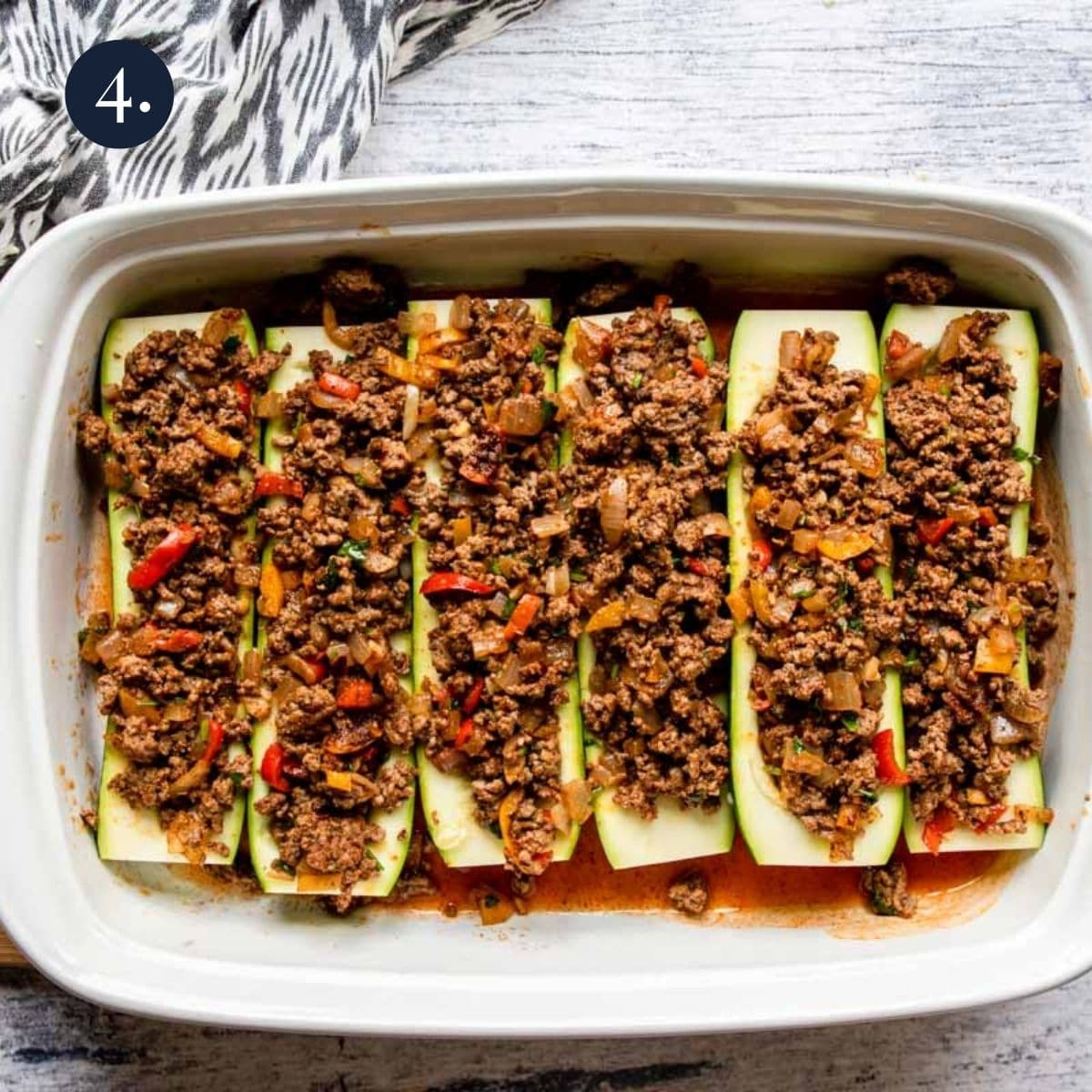 split zucchinis filled with ground beef
