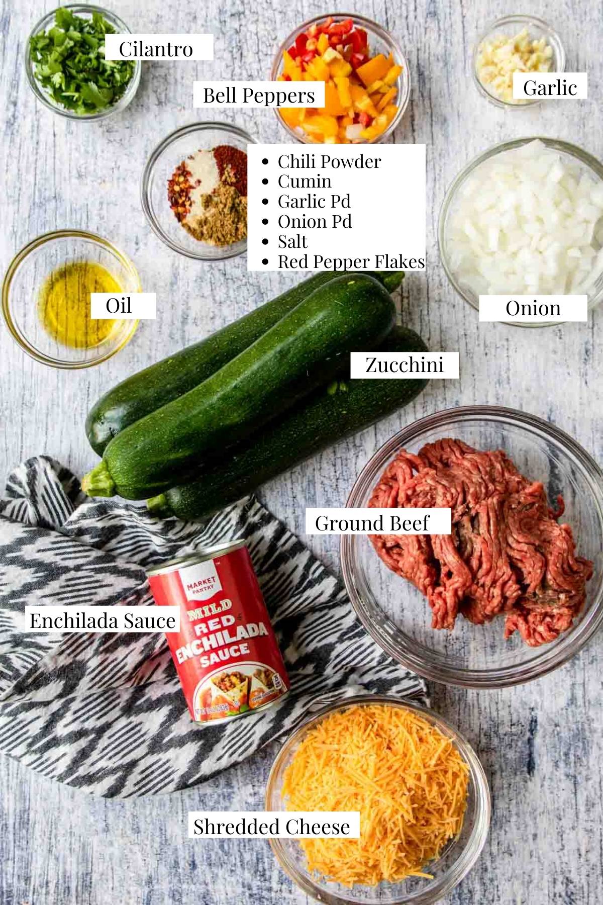 zucchini enchiladas ingredients with text labels