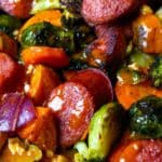 beef sausage and veggies drizzled with smoked paprika vinaigrette