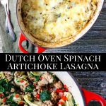 Spinach Artichoke Lasagna in a red dutch oven with pinterest text