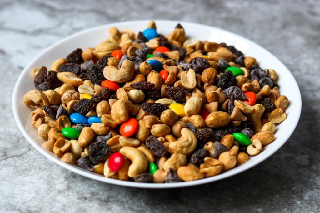 A white bowl of Monster Trail Mix