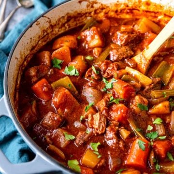 Delicious Dutch Oven Beef Stew ready to be served into bowls