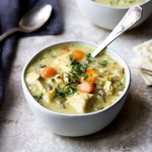 Chicken and Wild Rice Soup in a bowl with a spoon