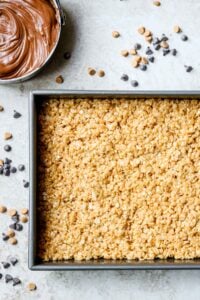 peanut butter rice krispies in a 9x13 pan
