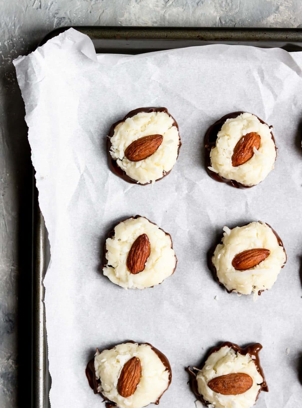No Bake Almond Joy Cookies on a baking sheet lined with parchment paper