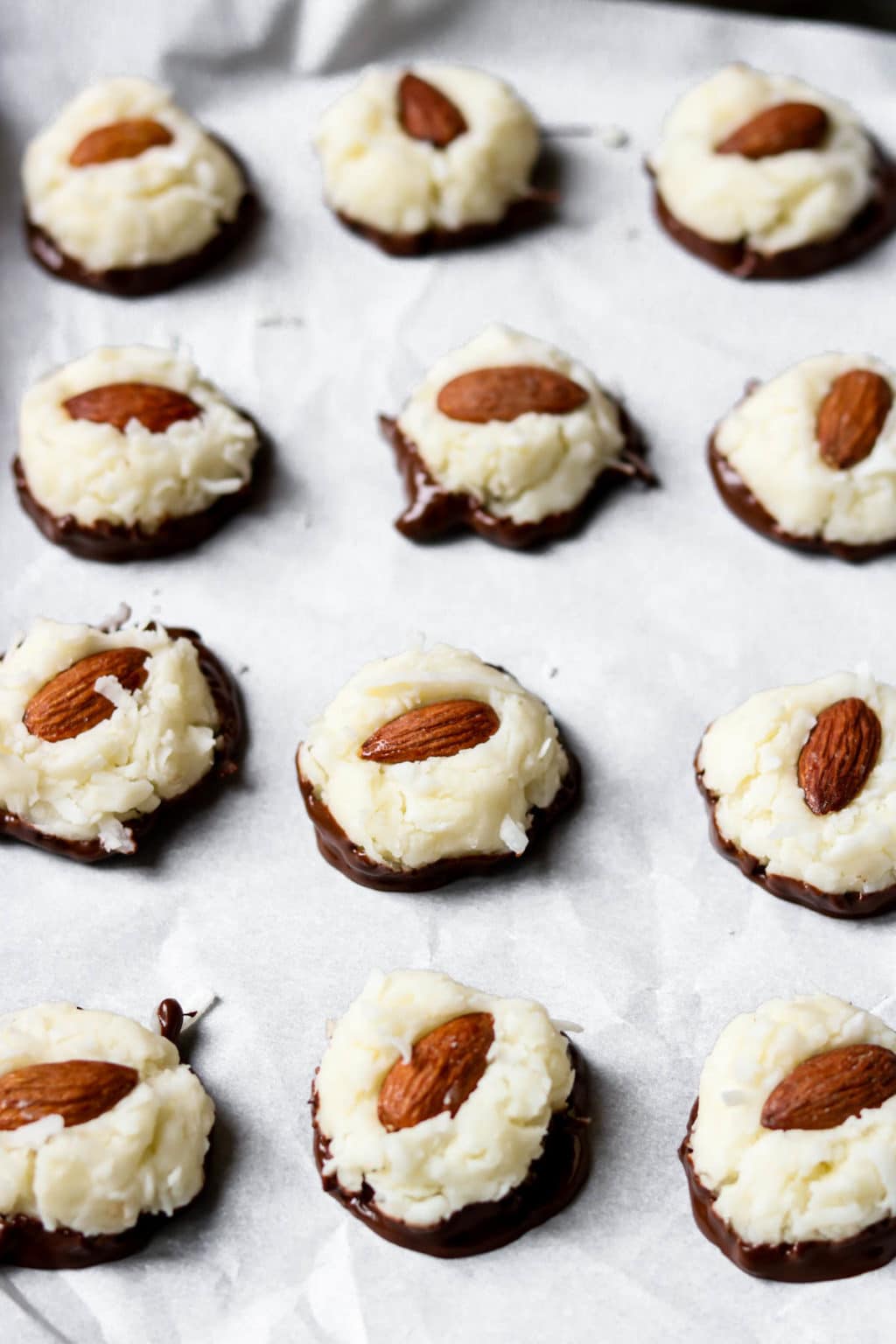 No bake Almond Joy Cookies on a baking sheet lined with parchment paper