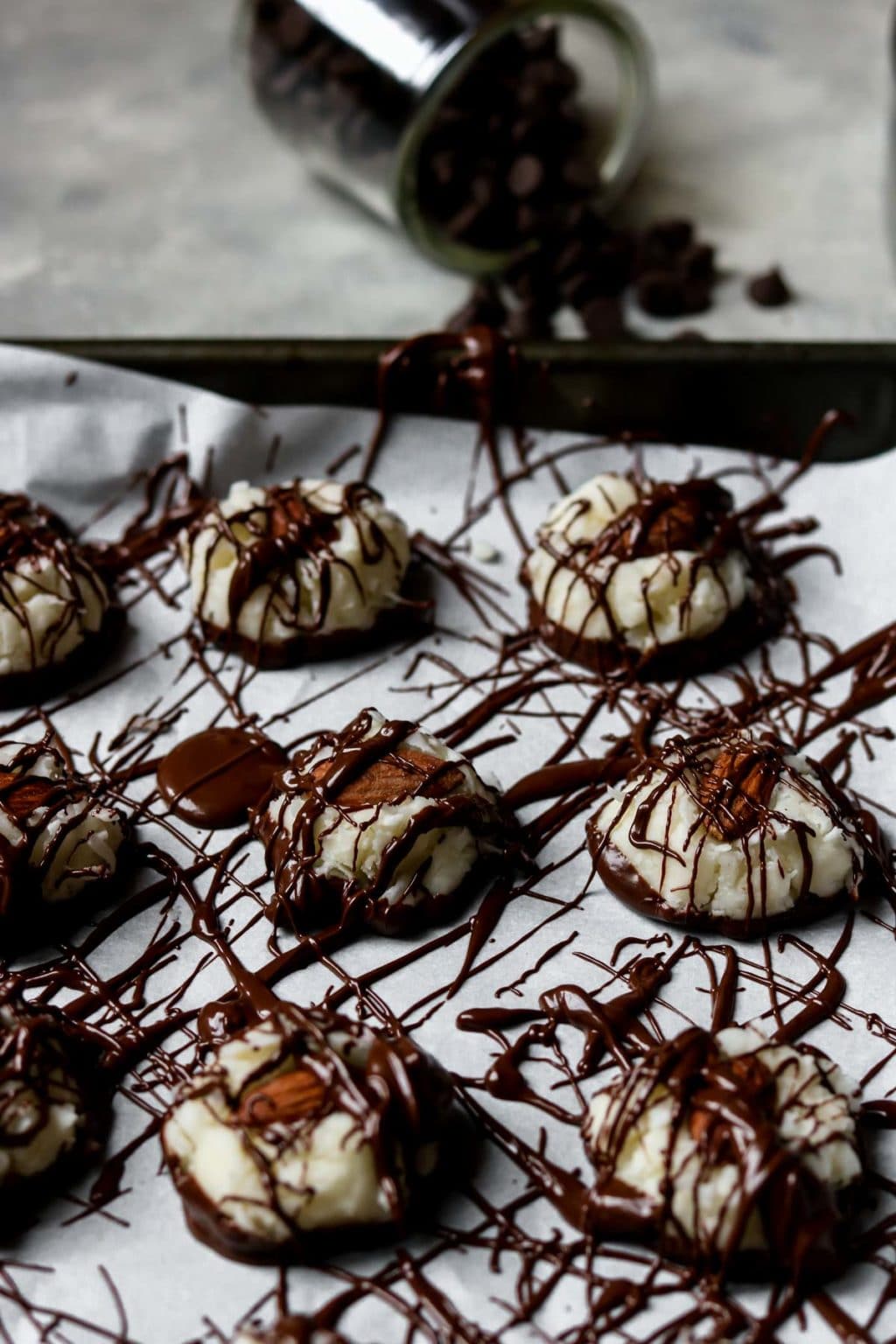 No bake Almond Joy Cookies drizzled with a lot of chocolate