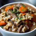 white bowl of beef and barley soup