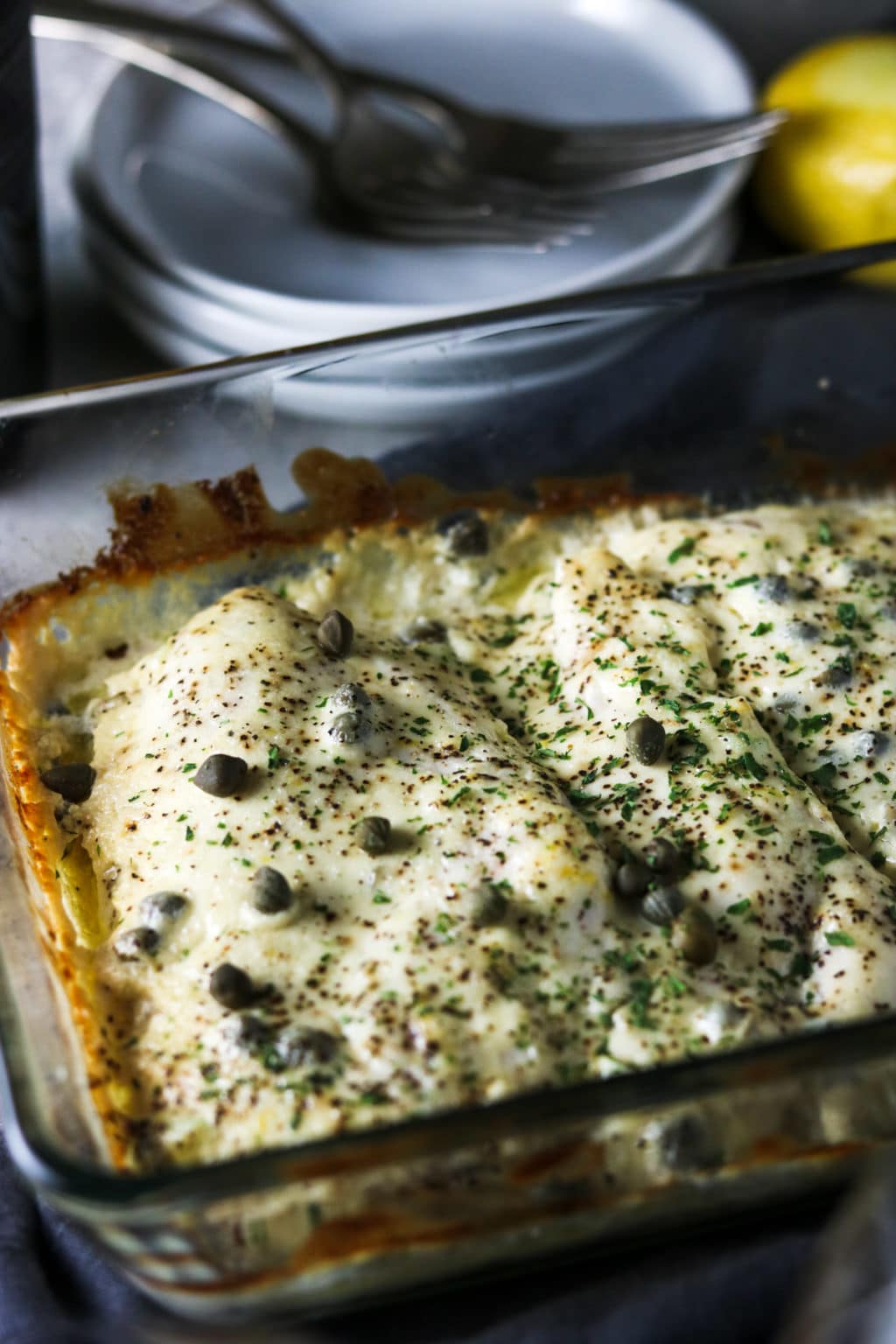 Caesar Chicken Bake in a glass dish