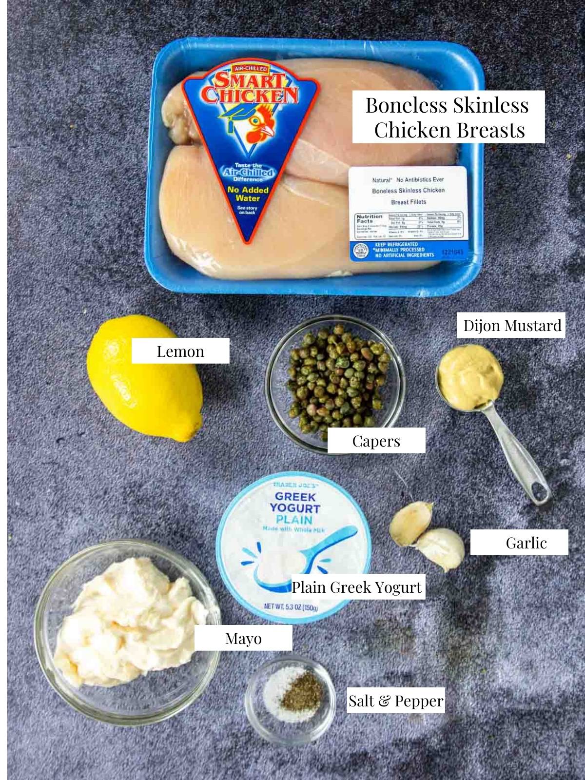 ingredients for Caesar chicken on a table with text labels
