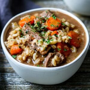 a bowl of Instant Pot Beef and Barley Soup