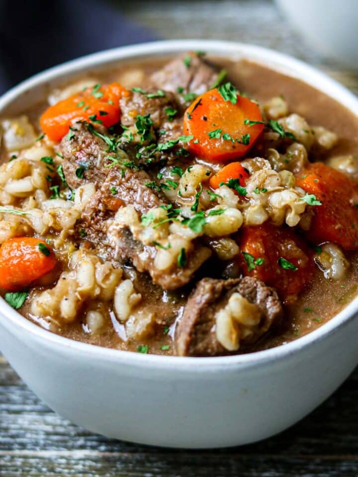 a bowl of Instant Pot Beef and Barley Soup