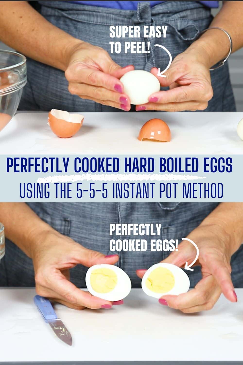 A hard boiled egg with the shell peeled and then the egg cut open, text overlay for Pinterest