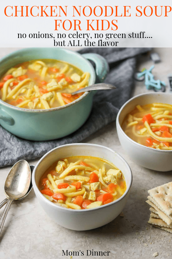 bowls of chicken noodle soup for kids, pinterest image