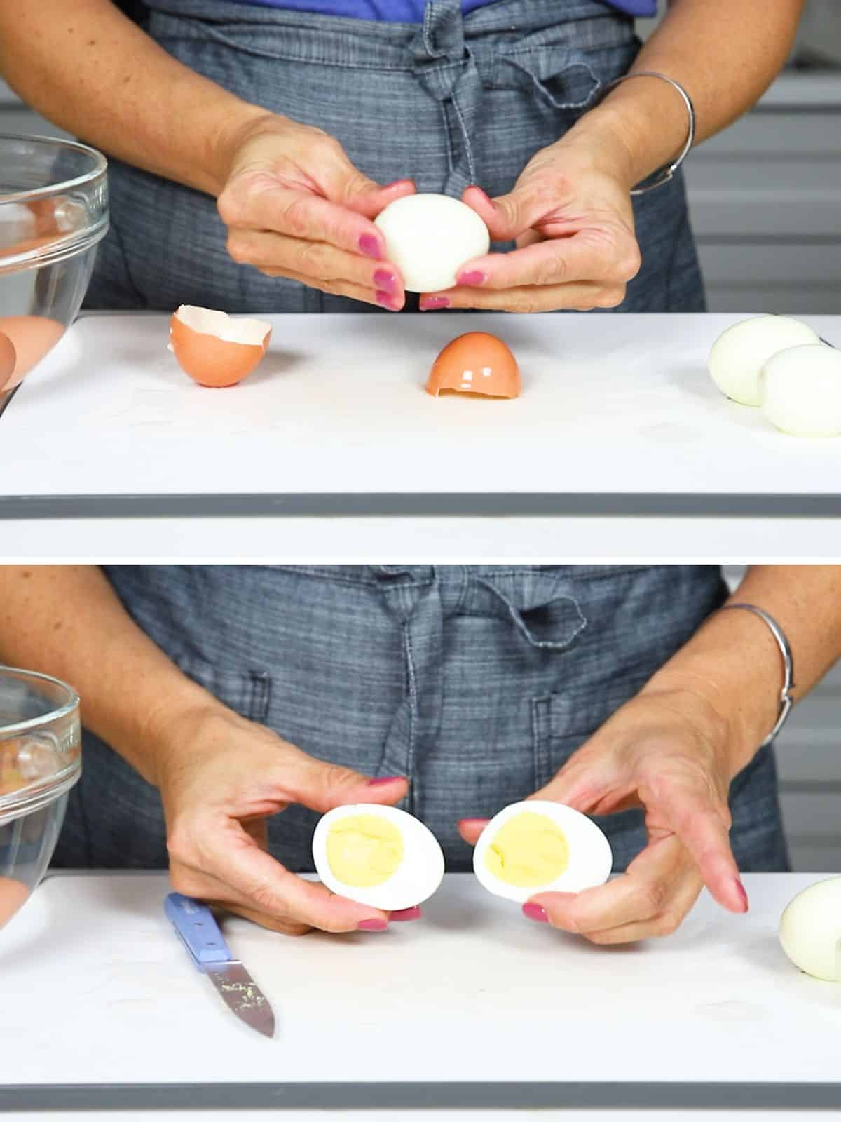 two photos peeling a hard boiled egg and a hard boiled egg cut in half 
