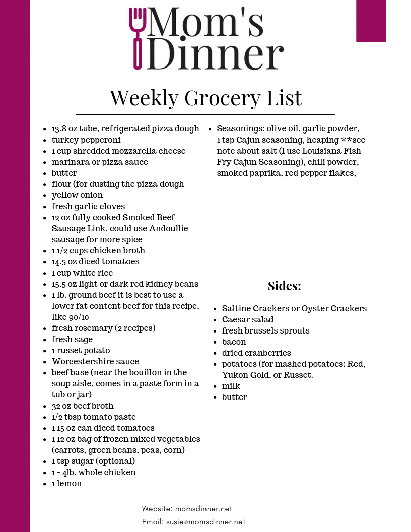 Weekly Meal Plan & Printable Grocery List #6 - Mom's Dinner