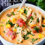 instant pot buffalo chicken chili text with a bowl of buffalo soup