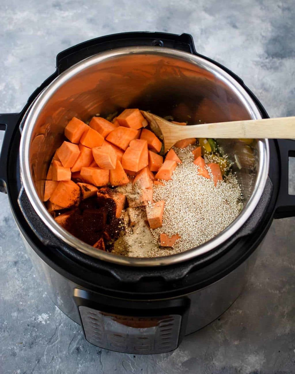 Sweet Potatoes, Quinoa, and spices in the Instant Pot