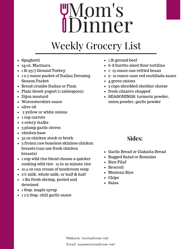 Free Printable grocery list for this meal plan