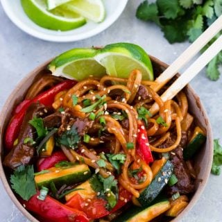 Instant Pot Teriyaki Beef Noodles in a bowl with chopsticks